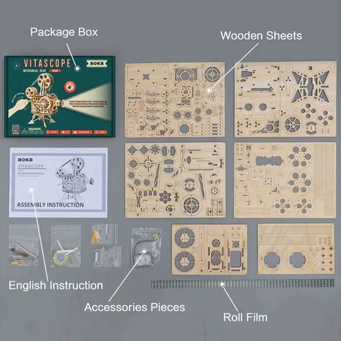 3D Wooden Puzzle Model - Robotime ROKR Hand Crank Projector Classic Film Vitascope