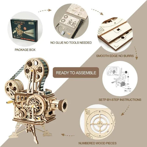 3D Wooden Puzzle Model - Robotime ROKR Hand Crank Projector Classic Film Vitascope