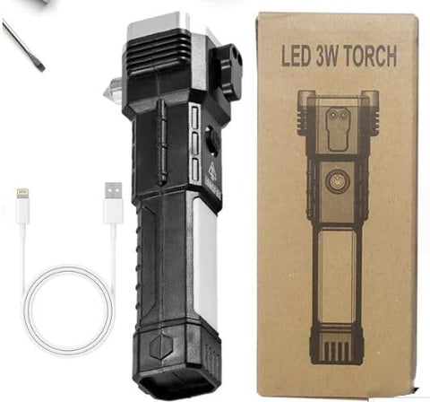 LED 3W Torch Light | USB Power Bank, Seatbelt Cutter, and Magnetic Holder – Perfect for Cars & Emergencies