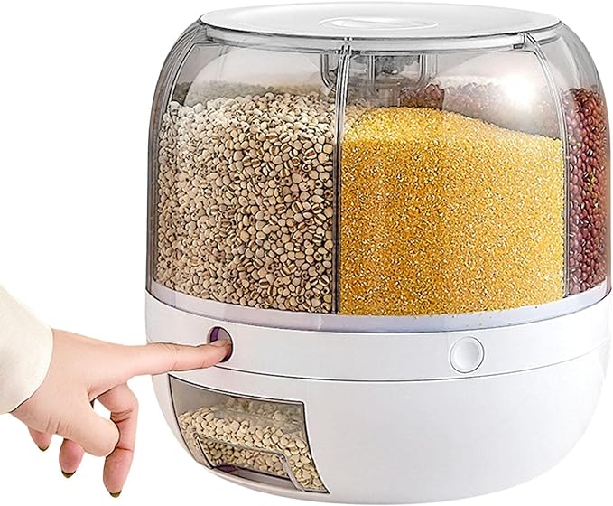 Rotating Food Storage Dispenser |  Space-Saving Grain Container with One-Button Dispensing