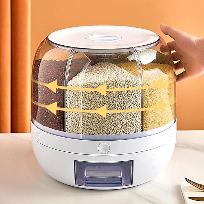 Rotating Food Storage Dispenser |  Space-Saving Grain Container with One-Button Dispensing