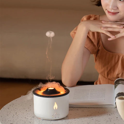 New Two-Color Spray Ring Volcano Humidifier – Quiet AC Power, Round Shape, Flame Monochrome Design