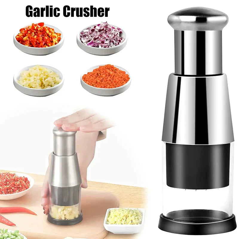 Garlic Crusher & Onion Chopper – Manual Vegetable Chopper, Stainless Steel Blades, Kitchen Gadget