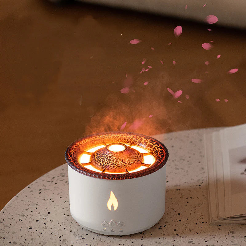 New Two-Color Spray Ring Volcano Humidifier – Quiet AC Power, Round Shape, Flame Monochrome Design