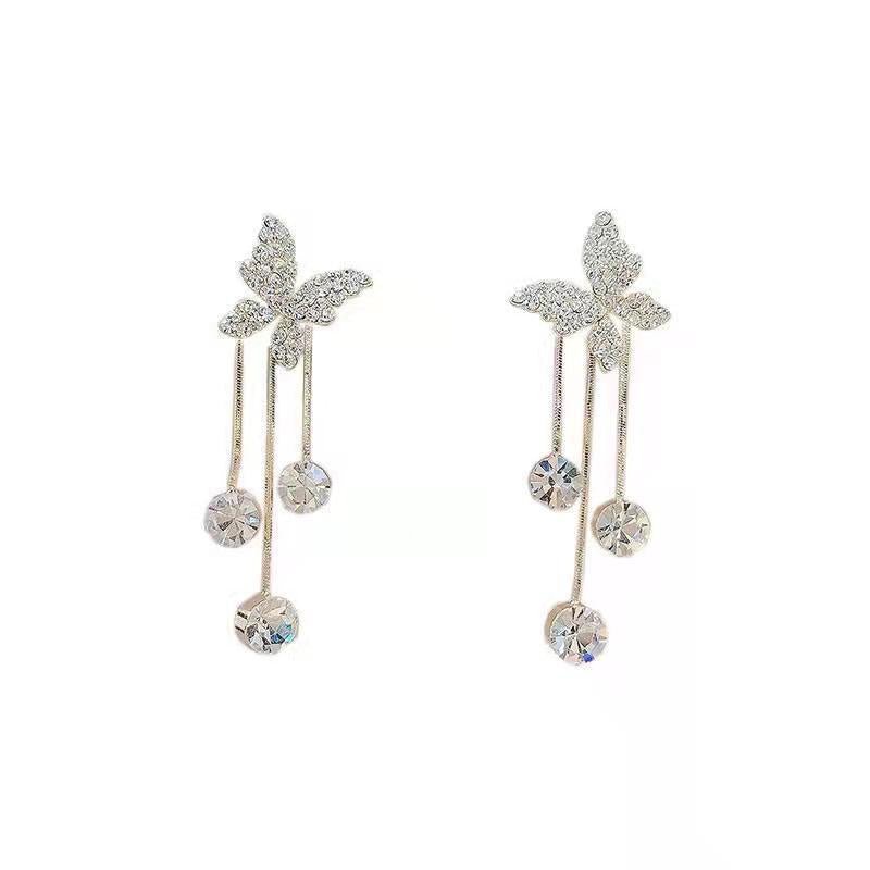 Fashion Shiny Butterfly Rhinestone Drop Earrings - Long Pearl Tassel Dangle Pendant