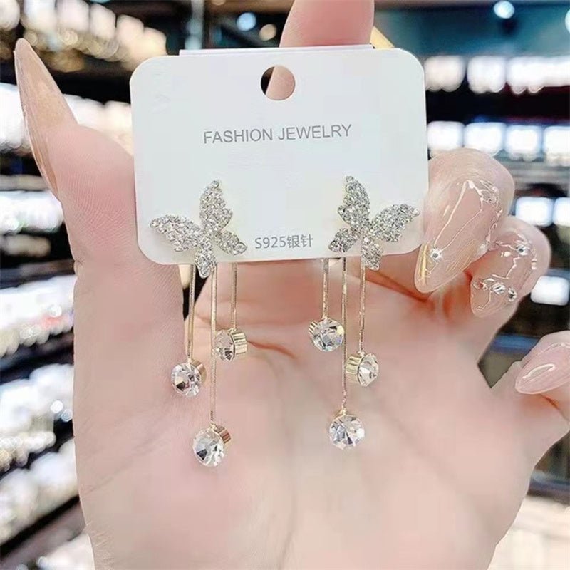 Fashion Shiny Butterfly Rhinestone Drop Earrings - Long Pearl Tassel Dangle Pendant