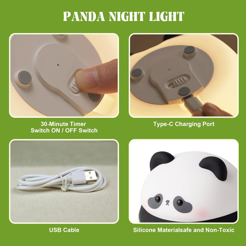 Cute Panda Night Light for Kids | Rechargeable Silicone Lamp with Timer